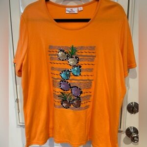 🧡💜Quacker Factory women’s sunglasses sequins orange tshirt XL CUTE🧡💜